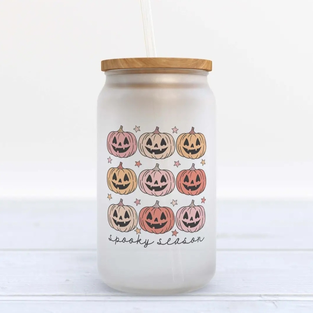 Beer Can Glass Halloween Frosted Glass Pumpkin 16 Oz Tumbler with Bamboo Lid NWT